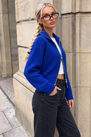 Cool Tarz Kadın Stardart Beden Çift Fermuarlı Dik Yaka Crop Triko Hırka Saks Saks