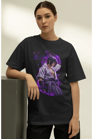 Unisex Oversize Sasuke Uchiha Naruto Anime Karakter Ön Baskılı Pr Siyah