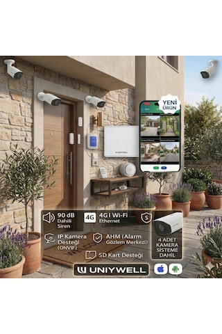 Uniywell 4g + Wi-fi + Ethernet Akıllı Alarm Sistemi - 90 Db Dahili Sirenli, Ip Kamera Onvıf Ve 8 Bölge Kablolu Aksesuar Destekli Güvenlik Seti 1 Yıl Alarm Çağrı Merkezi Hizmeti + Akü