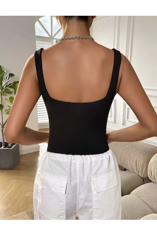 Kare Yaka Toparlayıcı Siyah Kadın Mayo Siyah
