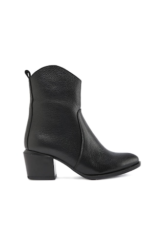 Hakiki Deri Siyah Renk Fermuarlı Kalın Topuk Sivri Burun Kadın Bot Siyah