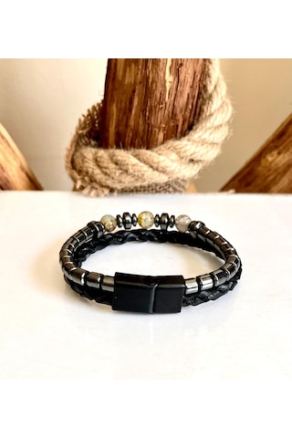 %100 Deri-hematit Kombin Erkek Bileklik Net 21cm Türk El Üretimi Siyah - Gri