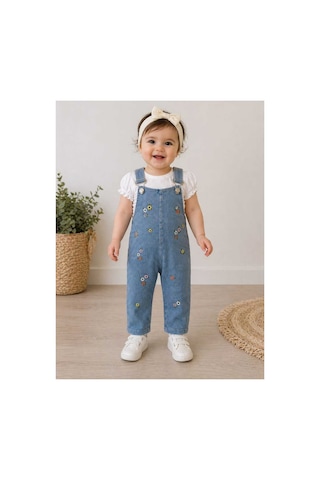 Baby Buu Çiçek Nakışlı Kot Salopet 2 Li Bebek Takım Beyaz Beyaz