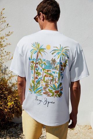 Grımelange ITALIA Erkek %100 Organik Pamuk Ön Arka Baskı Detaylı Oversize Kısa Kol Beyaz T-Shirt