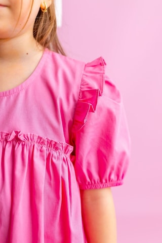 Oliventhekid Robadan Fırfır Büzgülü Kolları Lastikli Poplin Kız Çocuk Elbise Pembe Pembe