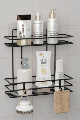 Zabata Yapışkanlı 2 Katlı Banyo Rafı Duş Şampuanlık Duvar Düzenleyici Organizer Siyah