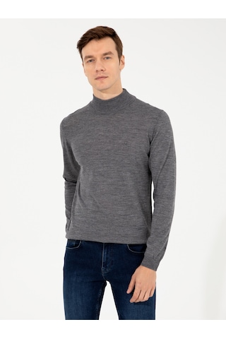Cacharel Füme Slim Fit Yarım Balıkçı Basic Triko Kazak Gri