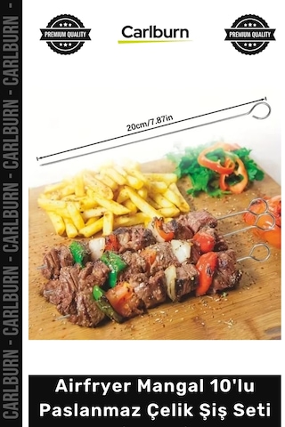 Şişseti Kaliteli Fırın Izgara Kamp Kebap Airfryer Mangal 10'lu Paslanmaz Çelik Şiş Seti 20 Cm Çok Renkli