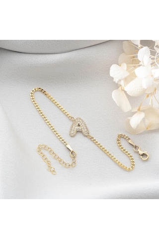 Vaoov 925 Ayar Gümüş Gurmet Zincirli Taşlı Harf Bileklik Altın