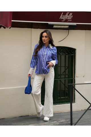 Kadın Kol Ve Yaka Vintage Detaylı Gömlek Indigo