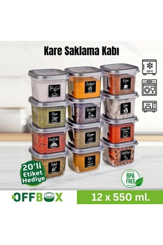 Offbox Kare Bakliyat Baharat Gıda Saklama Kabı - 0.55 Lt. - 12 Adet Antrasit Şeffaf