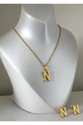 Lunarie N Harfi 14k Gold Çelik Harf Kolye Küpe Takı Seti Altın