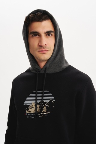 AR-MA Arma Erkek Kapüşonlu Sweatshirt Örme 3 İplik Şardonlu, Yazı Baskılı,cepsiz, Sade Ve Şık, Regular Fit K30254628901 Siyah
