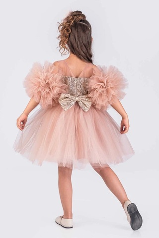 Kız Çocuk Abiye Elbise Ponpon Kol Pul Payetli Tütülü Pudra