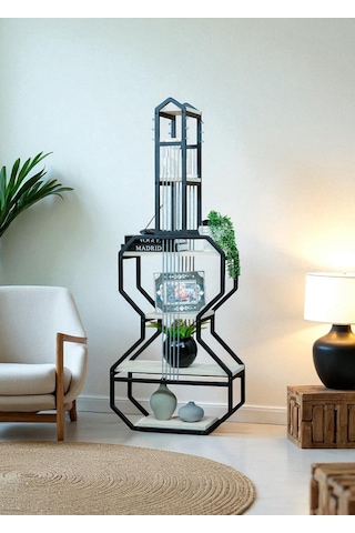 Dekoratif Siyah Metal Kitaplık Beyaz Ahşap Raflı Gitar Ünite