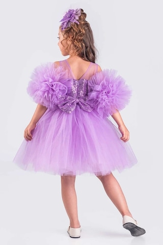 Kız Çocuk Abiye Elbise Ponpon Kol Pul Payetli Tütülü Lila