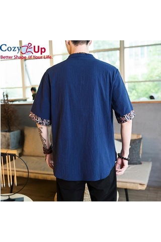 Rahat Up Çin Tarzı 1/2 Kollu Casual Gömlek Erkek İnce Stand Yaka Nakış Pamuk Ve Keten Beyaz