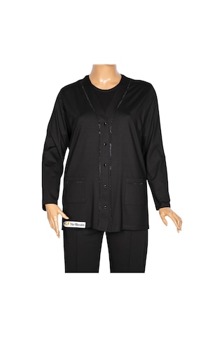 Hesna Kadın Umut Battal Beden Beş Düğmeli Cepli Penye Siyah Ceket Siyah