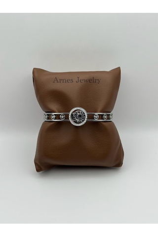 Arnes Jewelry Çelik Silver Zirkon Taşlı Kelepçe Bileklik Ar19 Silver
