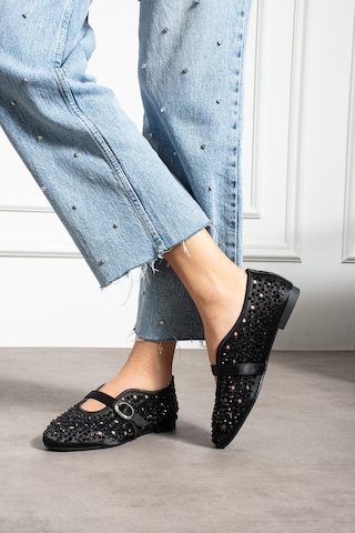 Shoetek Kewin Kadın Babet Önden Bantlı Full Taşlı Siyah Siyah