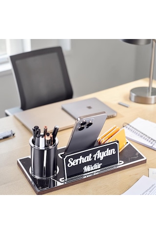 Lora Gümüş Renk Ahşap Masa Organizeri Mermer Desenli Hediye Ofis Dekoratif Masa Üstü İsimlik Siyah