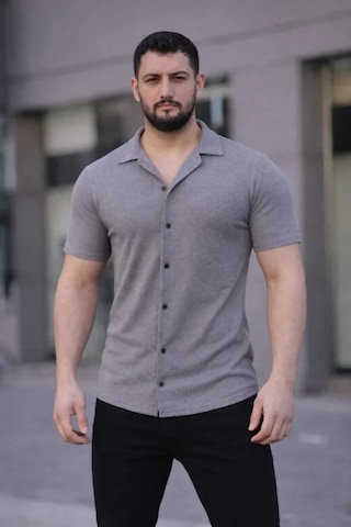 Etiler Collection Erkek Waffle Kumaş Kısa Kollu Düğmeli Açık Yaka Regular Fit Gömlek - Gri