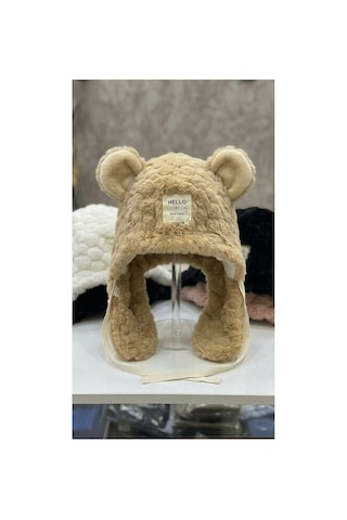 Givoria Kore Tarzı Ayıcıklı Kulaklı Pelüş Şapka Bağcıklı Boyunluklu Bere Kalın Kışlık Kadın Şapkası Camel Camel