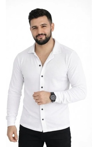 Etiler Collection Erkek Waffle Kumaş Uzun Kollu Düğmeli Açık Yaka Regular Fit Gömlek - Beyaz