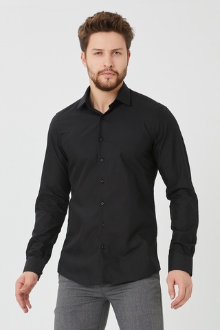 Bawcompany Erkek Siyah Slim Fit Düz Büyük Beden Gömlek