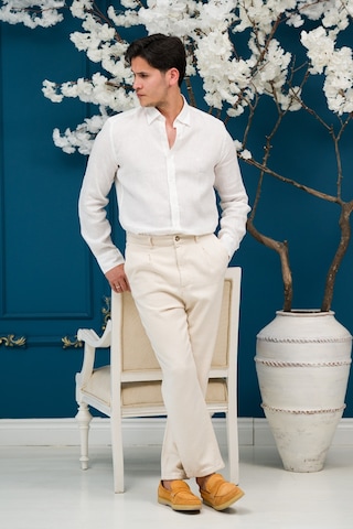 Paul Martin Regular Fit Gizli Düğmeli Yaka %100 Linen Ham Keten Gömlek Beyaz
