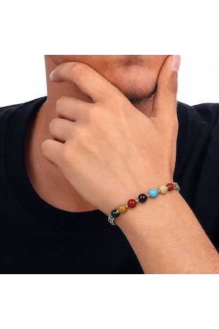 Tesbihane Metal Kral Zincirli Küre Kesim Çoklu Doğaltaş Gezegen Kombinli Erkek Şans Bilekliği Çok Renkli