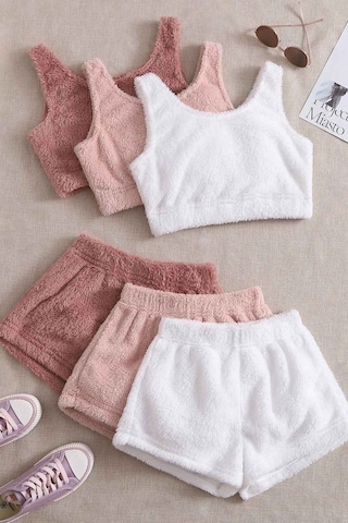Merry See 3 Lü Set Kolsuz Askılı Peluş Polar Alt Üst Şortlu Pijama Takımı 001