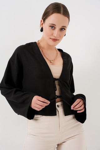 Bigdart Önü Bağlamalı Keten Kimono 960 - Siyah