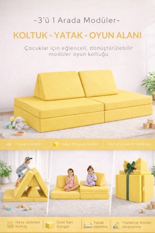 Yatella 4 Parça Katlanabilir Çocuk Koltuğu Yatak & Minder Çok Amaçlı Modüler Tasarım - Sarı