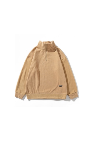 Polar Düz Renk Dik Yaka Bol Kesim Erkek Sweatshirt Haki