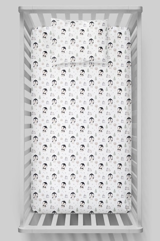 Organik Bebek Boy Lastikli Çarşaf Seti 60x120 - Kutup Dostları Penguenler