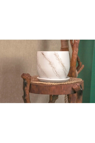 Bitki Tasarımı Beyaz Üzeri Gold Tabaklı Terracota Toprak Saksı Saksılık Salon Çiçeklik 19 Cm