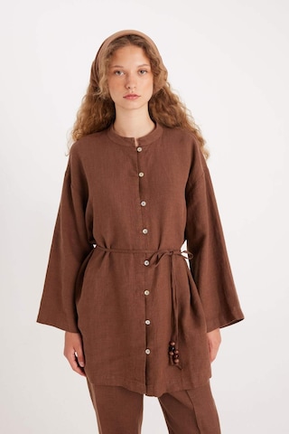 Defacto %100 Keten Regular Fit Bağcıklı Uzun Kollu Tesettür Gömlek Tunik D4394AX24HS Kahve