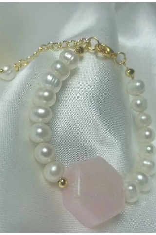 24k Altın Kaplama Gerçek İnci Sedefli Pembe Akrilik Detaylı Bilek Gold