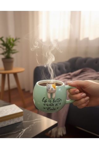 Kedi Figürlü Mug Kupa 420 Ml Yazılı Seramik Kupa Sevimli Cat Mug Hediye Kupa Bardak Mint Yeşili