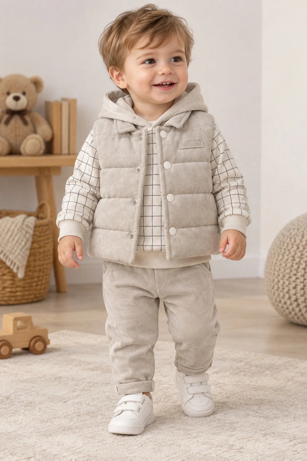 Bilge Trend Erkek Bebek Bej Kapüşonlu Sweat , Şişme Yelek , Pantolon 3 Parça Premium Seri Kışlık Takım