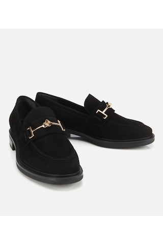Hotiç Kadın Süet Deri Siyah Tokalı Klasik Loafer