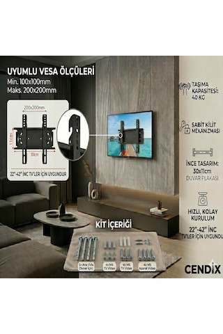 Cendix Cx0tvapr01 Sabit Kilitli Tv Duvar Askı Aparatı 22-42 İnç 30 X11 Cm 40 Kg Taşıma Kapasite