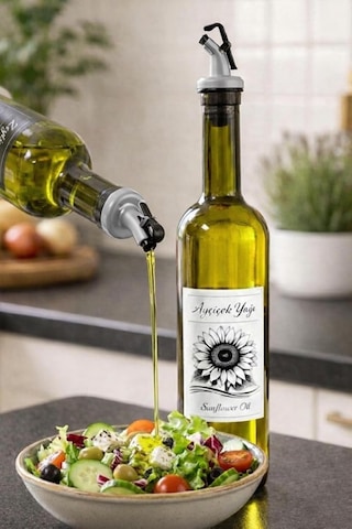Zeytinyağı Ve Ayçiçek Yağı Şişesi Seti, Beyaz Etiket Ve Yağdanlık Aparatlı, 750 Ml, 2 Adet, Yeşil Cam Şişe Çok Renkli