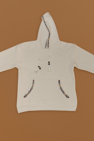 Bigdart Kadın Kapşonlu Şardonlu Nakışlı Üç İplik Beyaz Kadın Sweatshirt Beyaz