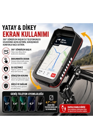 Triline Bisiklet Motosiklet Gidon Telefon Tutucu Çanta Dokunmatik Ekranlı Montaj Aparatı Su Geçirmez Siyah