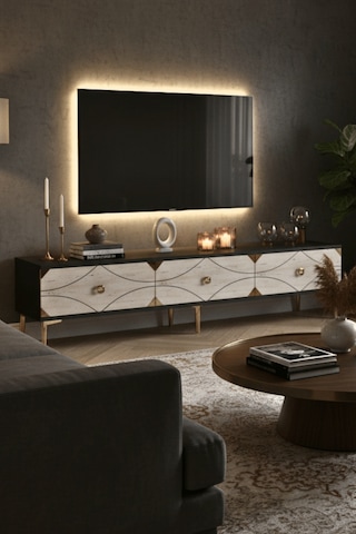 Tsa1897atg - Alfa Tsa180 Tv Stand, Tv Sehpası Ve Tv Ünitesi Antrasit - Traverten - Gold 180cm