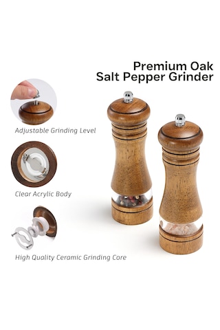 Akrilik Bölmeli Ahşap Baharat Tuz Öğütücü 16cm 2'li Set Baharat