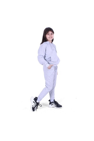 Fyk Kids Kapüşonlu Kanguru Cepli Düz Desen Kız Çocuk Alt-üst Takım Gri