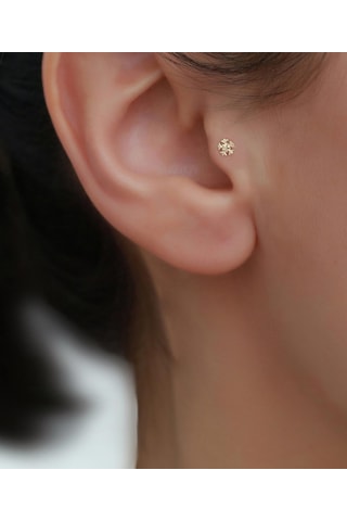 14 Ayar Altın Taşlı Kar Tanesi Tragus Piercing Sarı Altın